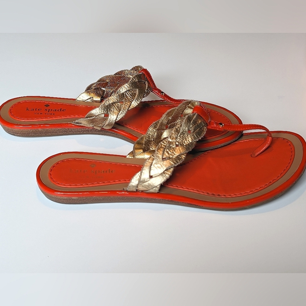 kate spade | Ingrid Sandals | Old Gold Metallic Tumbled Calf/Orange Patent | 9